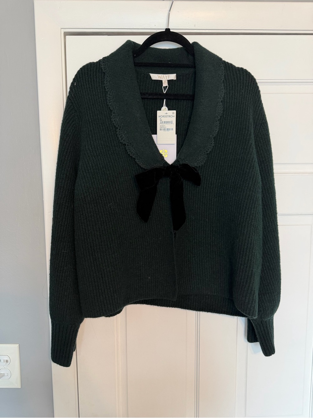 Nordstrom WAYF Emerald Green Velvet Tie Collar Knit Sweater